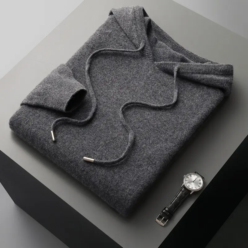 Autumn Winter Men's Merino Sweater Fashion Female 100% Wool Hooded Collar Knitted Pullover Men Casual long Sleeved Hooded Coats