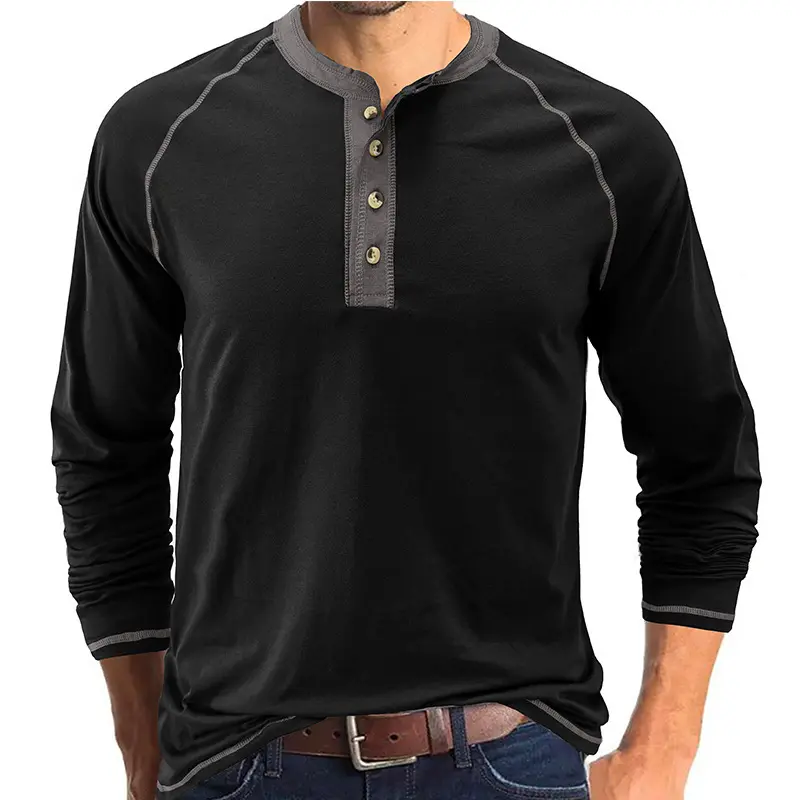 Summer Men's Henry T Shirts Fashion Men Cotton Long Sleeve Solid Color Tops Tees Outdoor Men Sports Breathable Tshirt Clothing