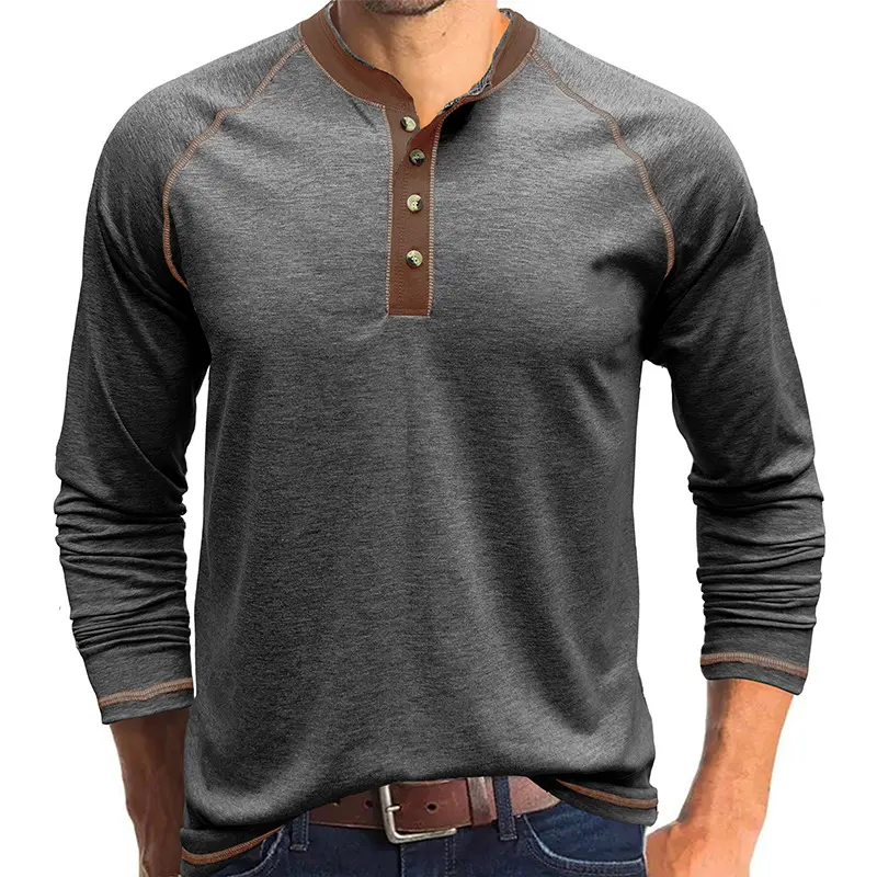Summer Men's Henry T Shirts Fashion Men Cotton Long Sleeve Solid Color Tops Tees Outdoor Men Sports Breathable Tshirt Clothing