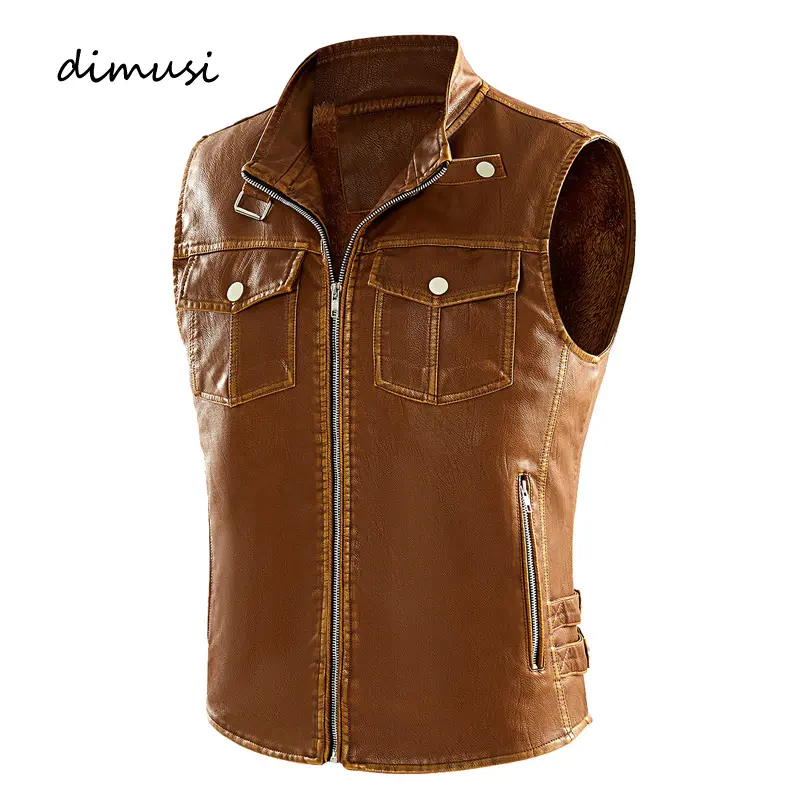 Winter Men's PU Leather Vest Casual Man Fleece Warm Windbreaker Sleeveless Jackets Men Retro Punk Leather Waistcoats Clothing