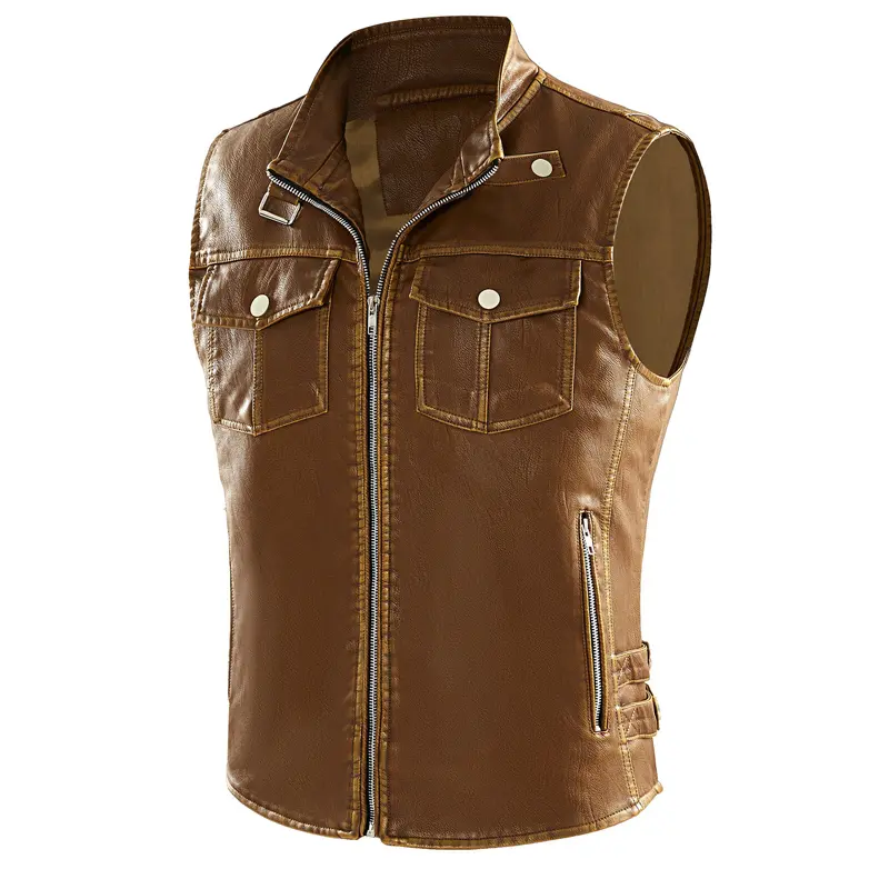 Winter Men's PU Leather Vest Casual Man Fleece Warm Windbreaker Sleeveless Jackets Men Retro Punk Leather Waistcoats Clothing