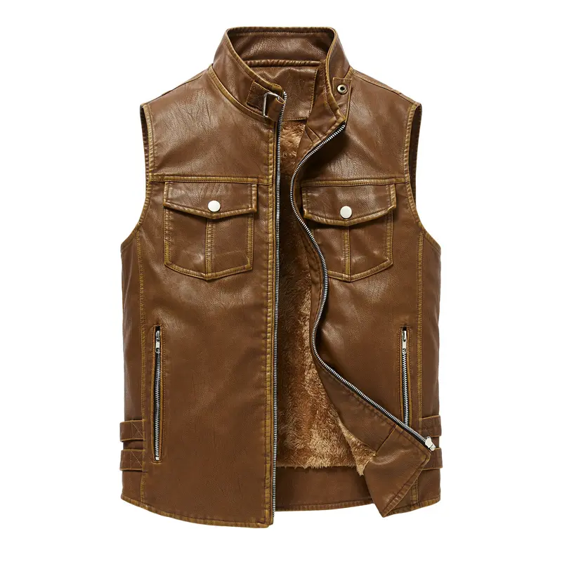 Winter Men's PU Leather Vest Casual Man Fleece Warm Windbreaker Sleeveless Jackets Men Retro Punk Leather Waistcoats Clothing