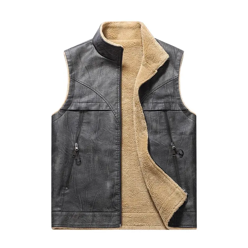 Winter Men's Warm Faux Leather Waistcoat Classical Men Stand Collar Fleece Lined Motorcycle Leather Vests Stylish Clothing
