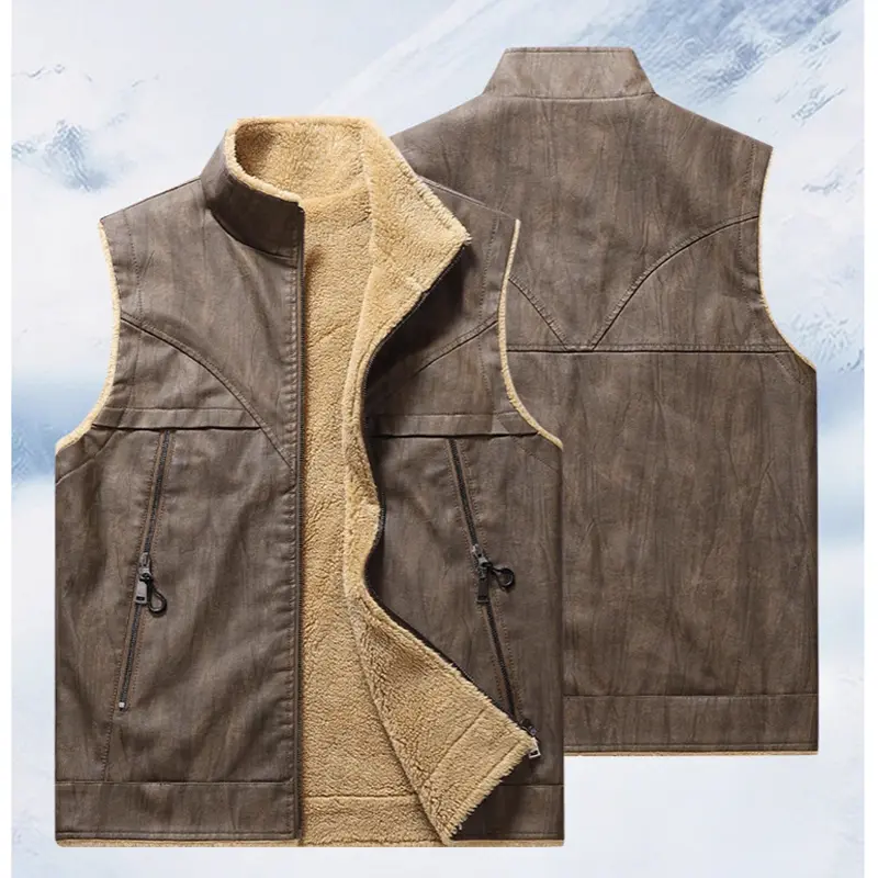 Winter Men's Warm Faux Leather Waistcoat Classical Men Stand Collar Fleece Lined Motorcycle Leather Vests Stylish Clothing