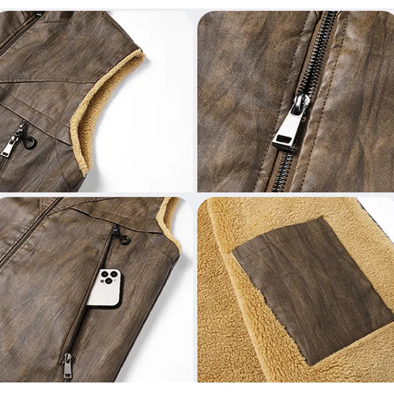 Winter Men's Warm Faux Leather Waistcoat Classical Men Stand Collar Fleece Lined Motorcycle Leather Vests Stylish Clothing