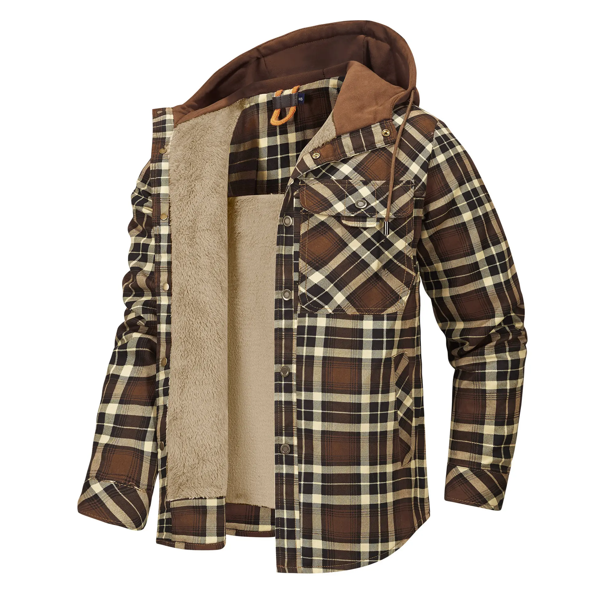 Autumn Winter Mens Warm Plaid Shirt Jacket Casual Men Retro Cotton Windbreaker Hooded Coats Men Fleece Tactical Jackets Clothing