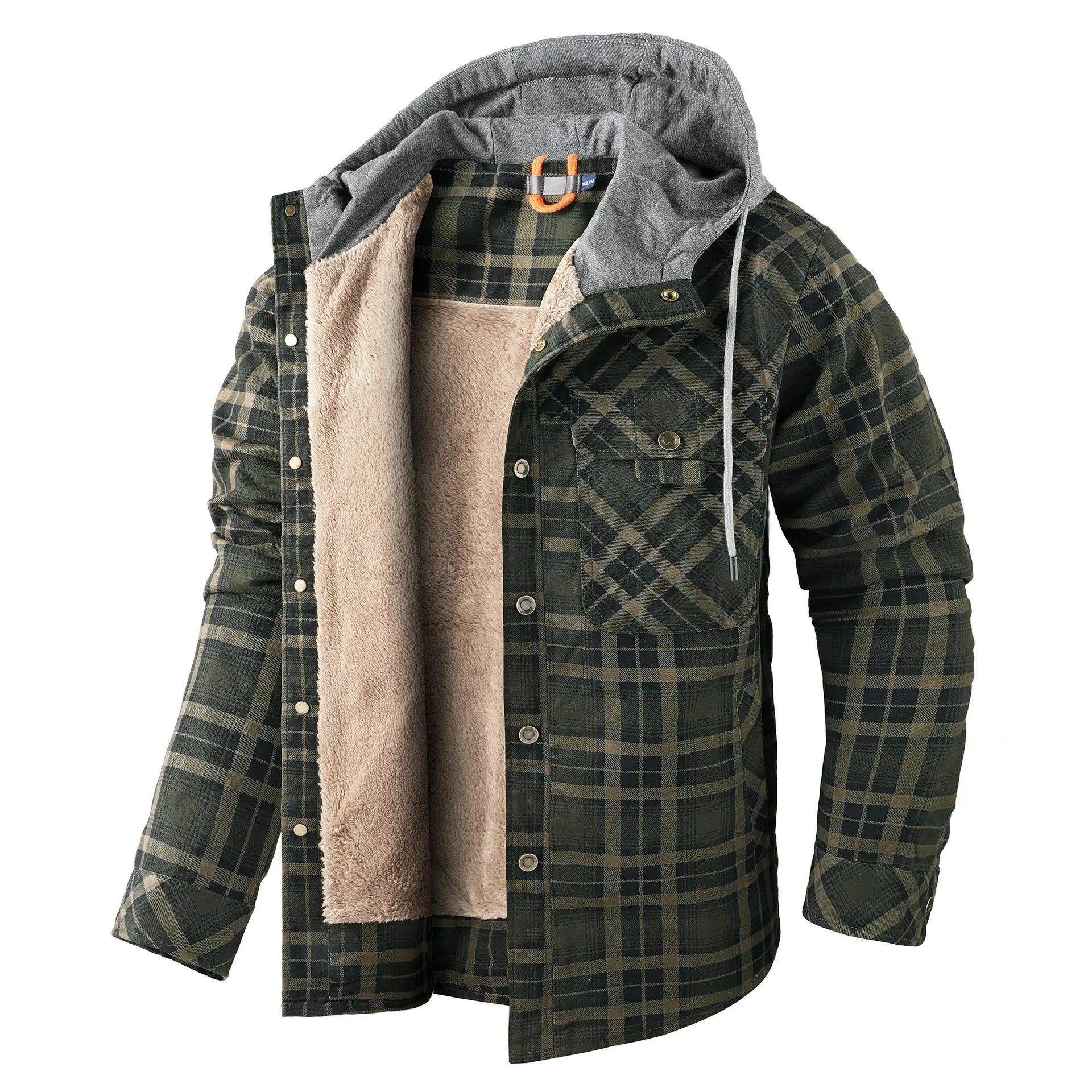Autumn Winter Mens Warm Plaid Shirt Jacket Casual Men Retro Cotton Windbreaker Hooded Coats Men Fleece Tactical Jackets Clothing