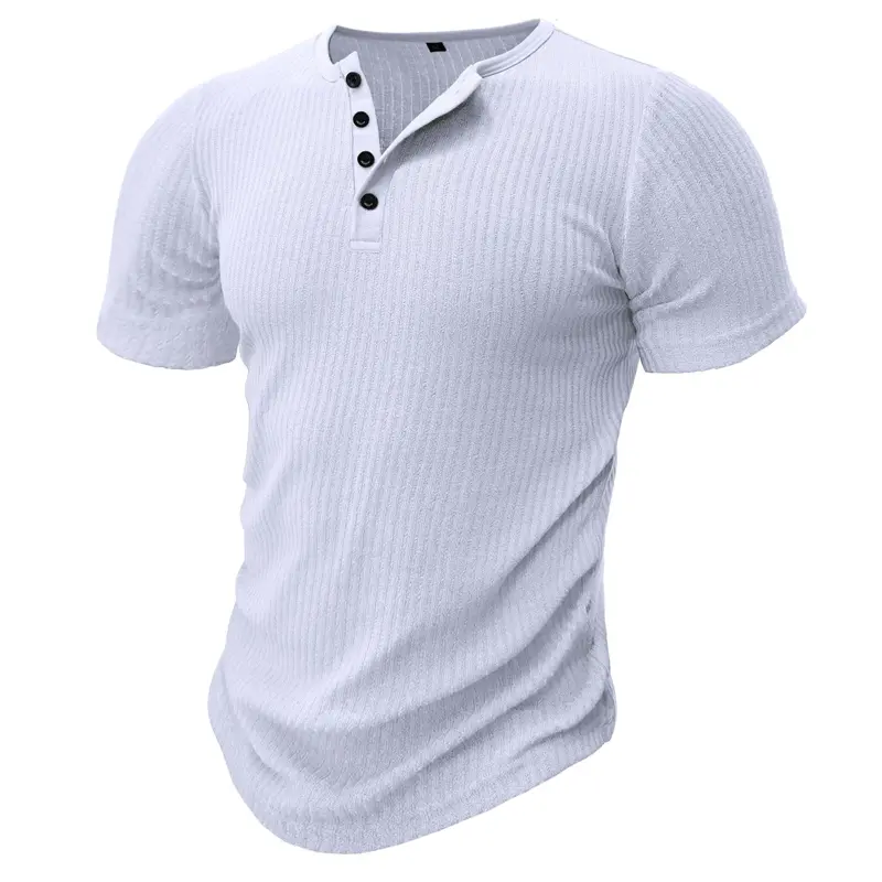 Summer Men's Henry T-Shirt Fashion Boys Short Sleeve Striped Tops Tees Mens Sports Gym Fitness Elastic t shirts Clothing