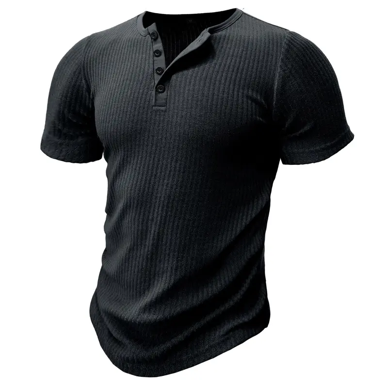 Summer Men's Henry T-Shirt Fashion Boys Short Sleeve Striped Tops Tees Mens Sports Gym Fitness Elastic t shirts Clothing