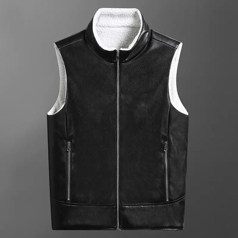 Autumn Winter Men's PU Leather Vest Fashion Men Retro Fleece Lined Warm Waistcoats Men Windbreaker Leather Sleeveless Jacket
