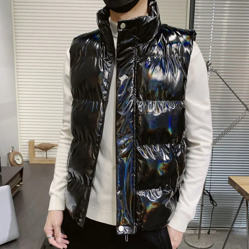 Winter Mens Warm Jacket Sleeveless Vest Man Cotton Thicken Shiny Vest Men Stand Collar Windbreaker Padded Waistcoats Clothing