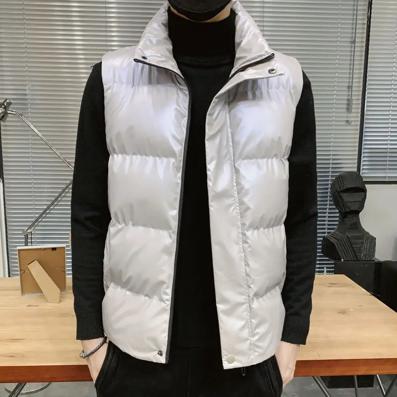 Winter Mens Warm Jacket Sleeveless Vest Man Cotton Thicken Shiny Vest Men Stand Collar Windbreaker Padded Waistcoats Clothing