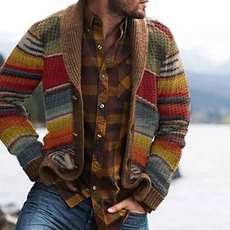 Winter Men's Rainbow Sweaters Cardigan Fashion Man Warm Knitted Sweaters Coats Man Lapel Windbreaker Knitted Jackets Clothing