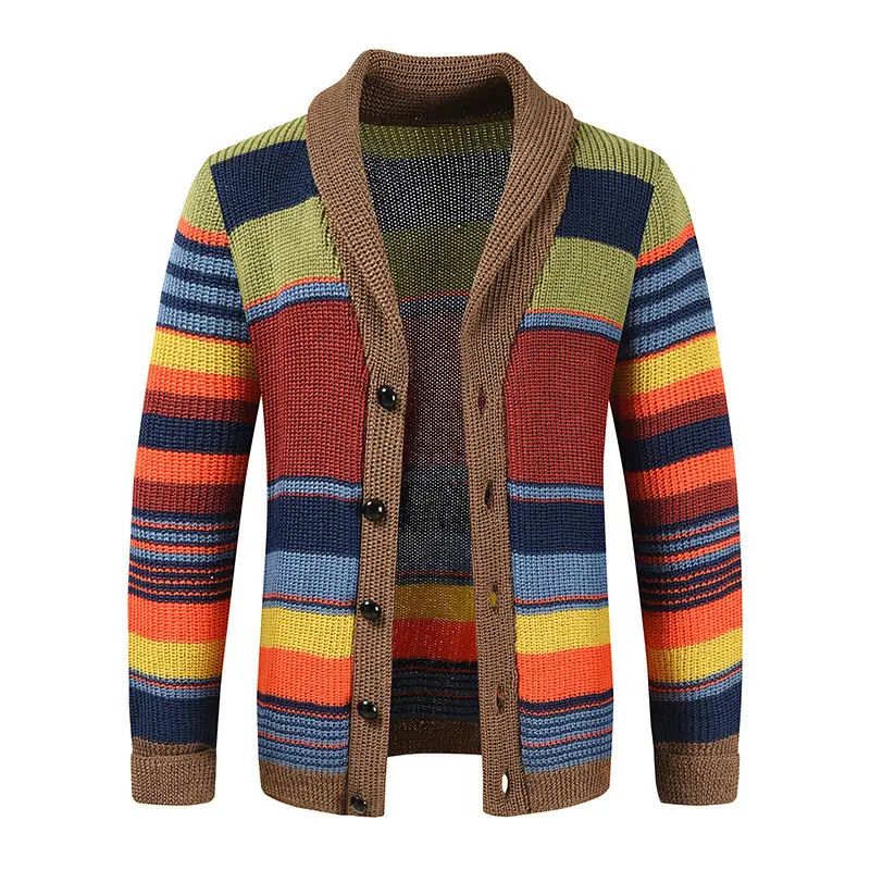Winter Men's Rainbow Sweaters Cardigan Fashion Man Warm Knitted Sweaters Coats Man Lapel Windbreaker Knitted Jackets Clothing