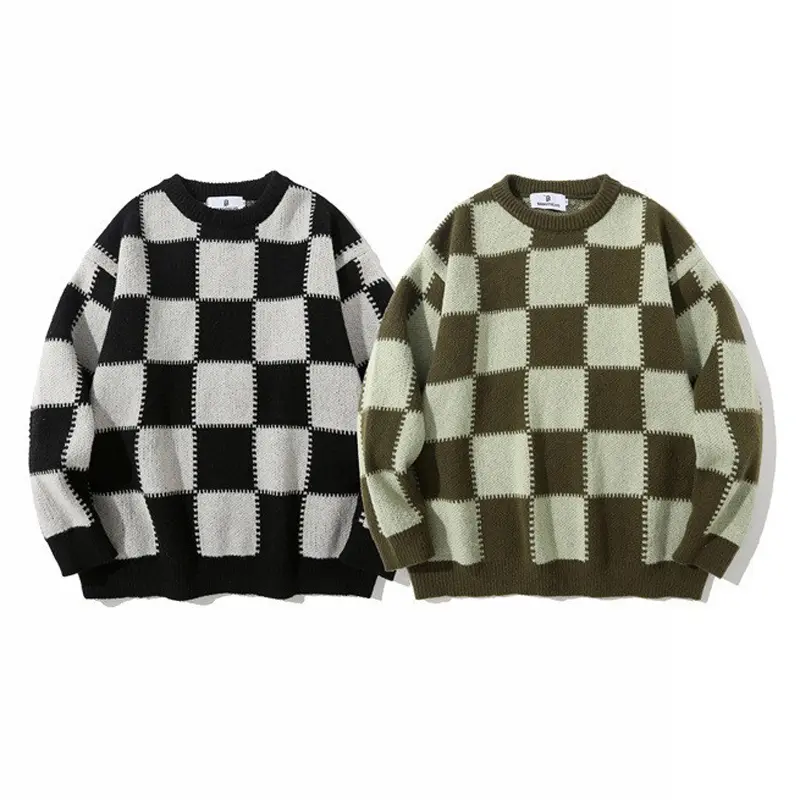 Spring Autumn Men's Plaid O-Neck Sweaters Casual Men Cashmere Warm Knitted Pullover Men Classic Loose Knitwear Sweaters Clothing