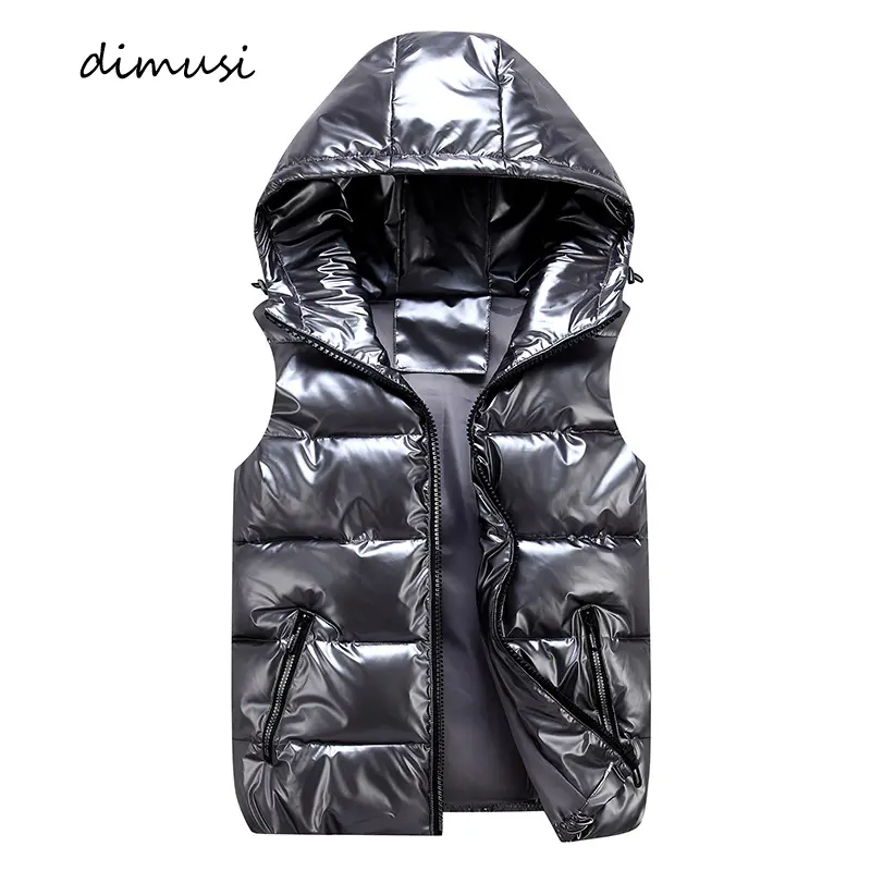 Winter Men's Warm Vest Fashion Silver Male Cotton-Padded Hooded Coats Sleeveless Jackets Casual Thick Waistcoats Mens Clothing