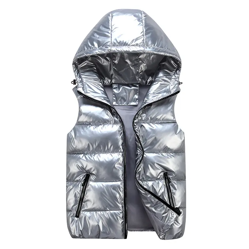 Winter Men's Warm Vest Fashion Silver Male Cotton-Padded Hooded Coats Sleeveless Jackets Casual Thick Waistcoats Mens Clothing