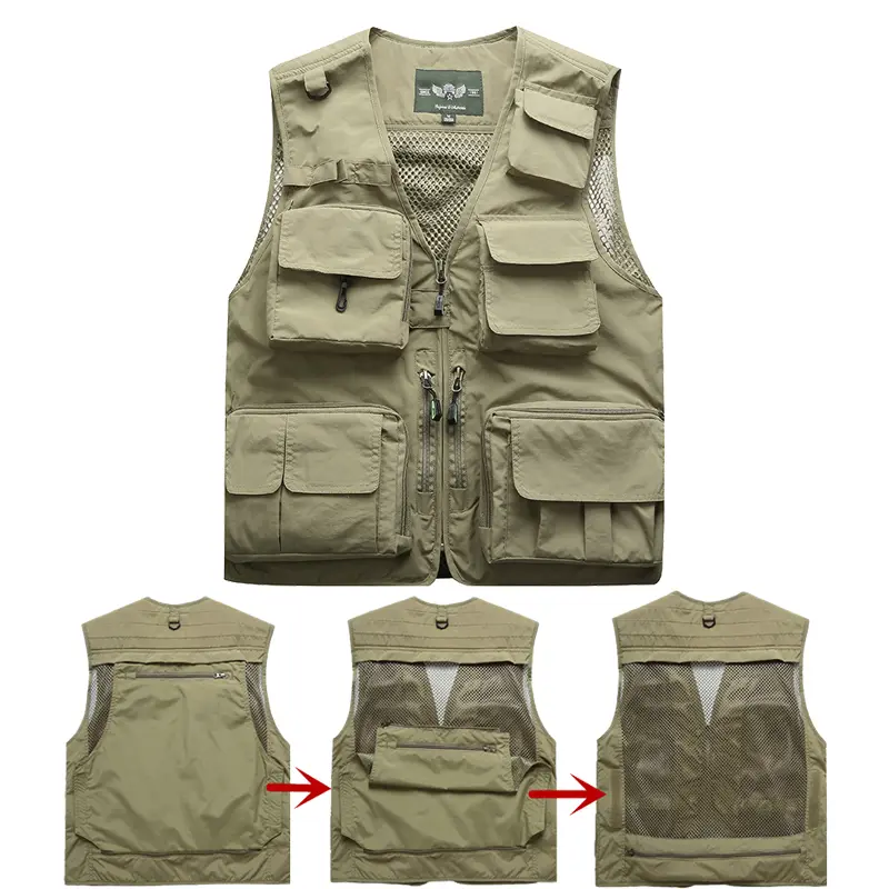 DIMUSI Mens Vests Quick Dry Breathable Multi Pocket Mesh Vest Sleeveless Jackets Man Tactical Outwear Windreaker Waistcoats 7XL