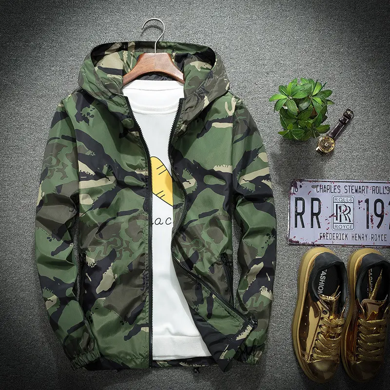 Spring Autumn Mens Bomber Jackets Fashion Men Camo Windbreaker Hooded Coats Men Sports Zipper Pilot Jacket large Size Clothing