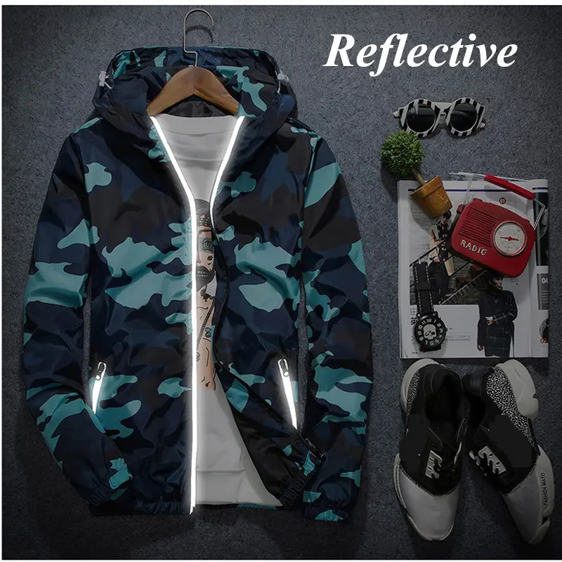 Spring Autumn Mens Camo Bomber Jackets Men stylish Reflective MA-1 Pilot Hooded Coats Men Sports Windbreaker Breathable Jackets