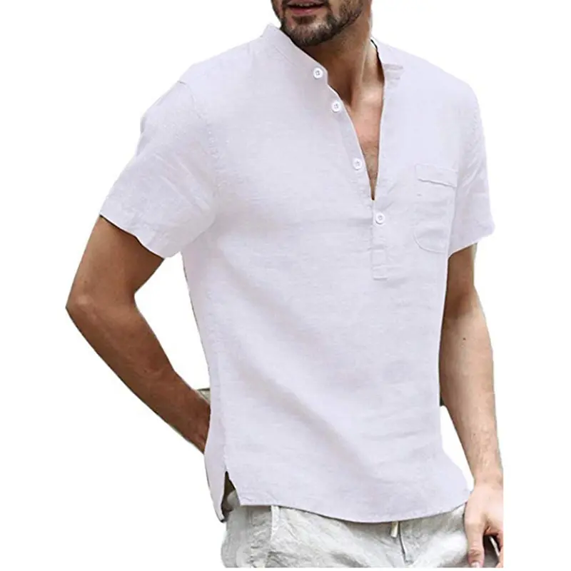 DIMUSI Mens Linen Shirts Casual Short Sleeve Button Solid Loose Autumn Dress Henley Shirts Fashion Male Brand Clothes