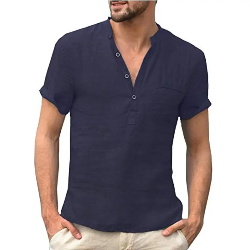 DIMUSI Mens Linen Shirts Casual Short Sleeve Button Solid Loose Autumn Dress Henley Shirts Fashion Male Brand Clothes