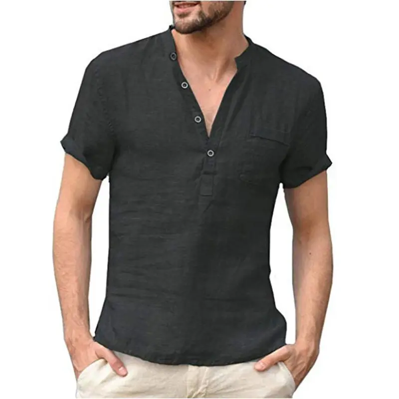 DIMUSI Mens Linen Shirts Casual Short Sleeve Button Solid Loose Autumn Dress Henley Shirts Fashion Male Brand Clothes