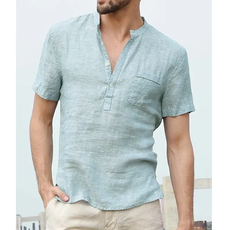DIMUSI Mens Linen Shirts Casual Short Sleeve Button Solid Loose Autumn Dress Henley Shirts Fashion Male Brand Clothes