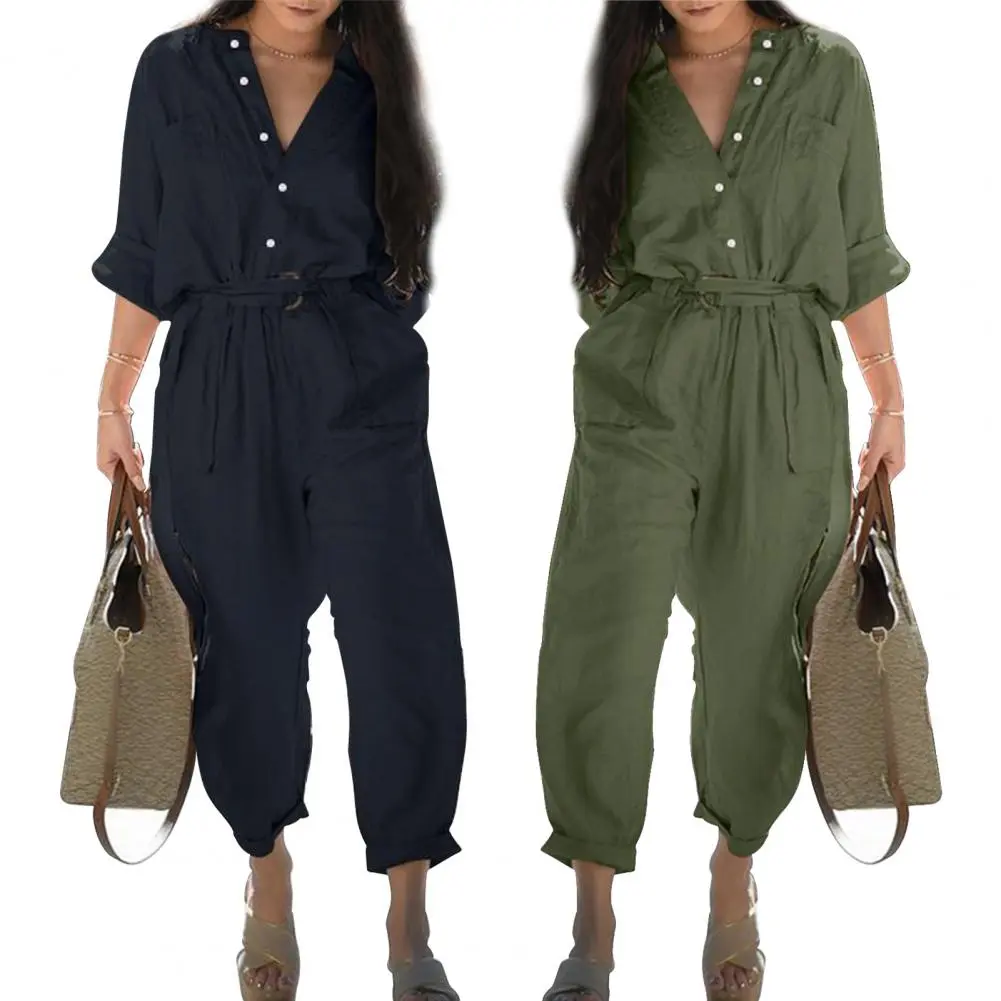 Popular  Cargo Jumpsuit Comfortable Female 3/4 Sleeve Work Overalls Multi Pockets Belt Summer Playsuit Ladies Outfit