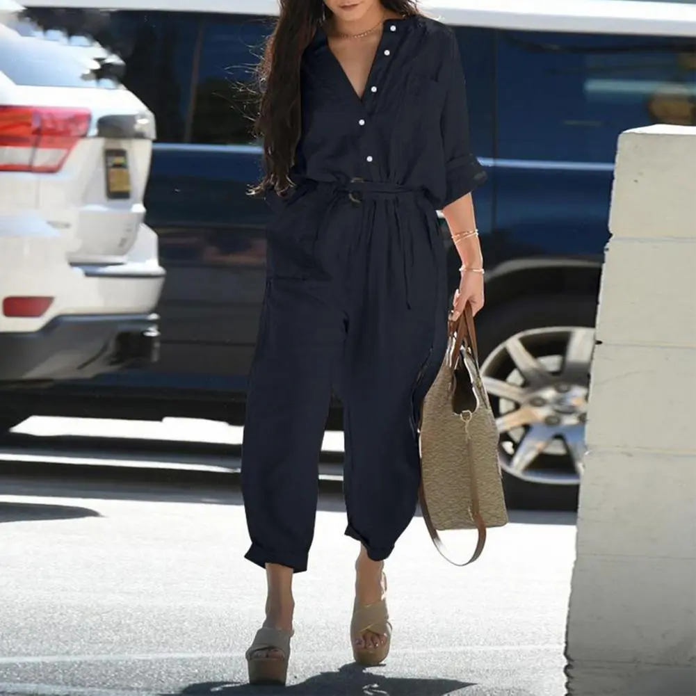 Popular  Cargo Jumpsuit Comfortable Female 3/4 Sleeve Work Overalls Multi Pockets Belt Summer Playsuit Ladies Outfit
