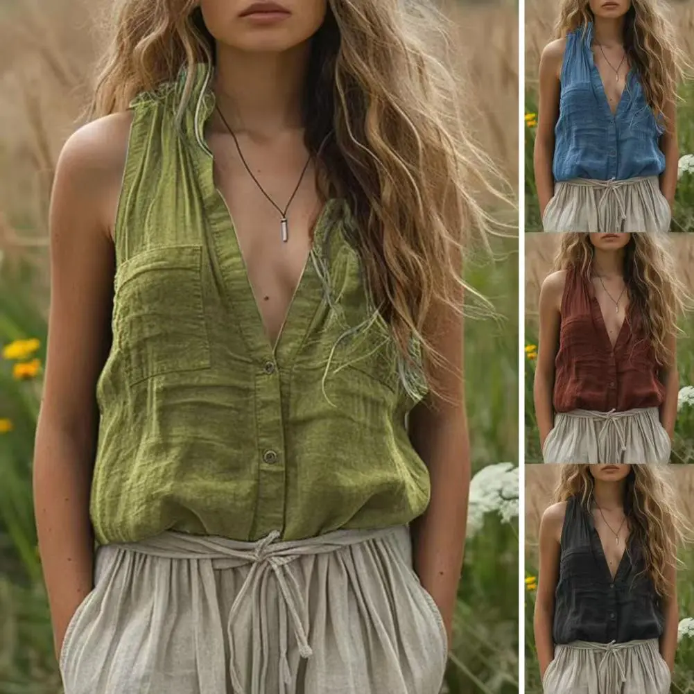 Women's Cotton Linen Sleeveless Vest Top With Placket Summer Comfortable breathable V-Neck Shirt Tank Top Fashion Solid Color El