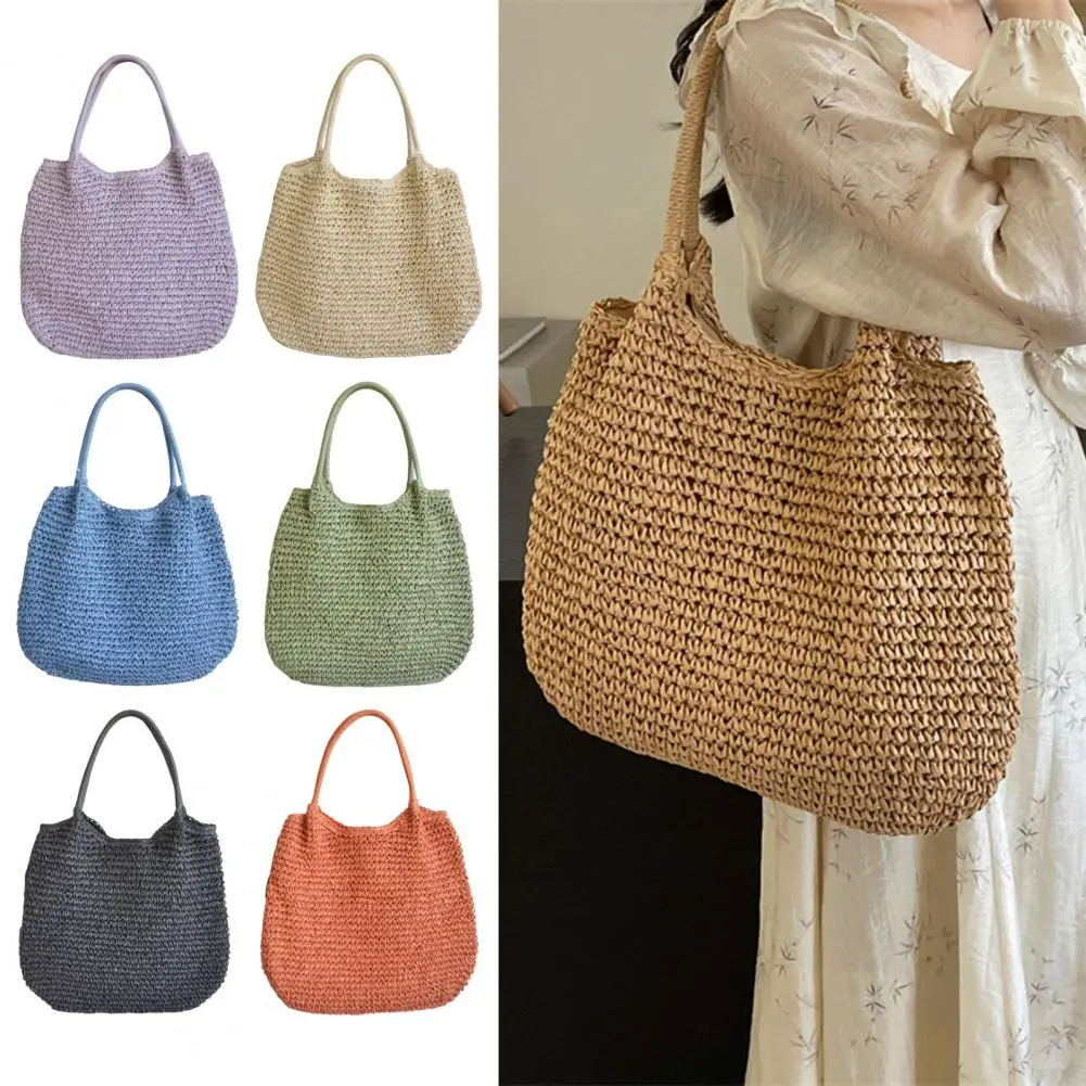 Women Straw Crochet Bag with Colored Beads Aesthetic Straw Bag Large Capacity Knitted Tote Handbag Ladies Daily Handbag
