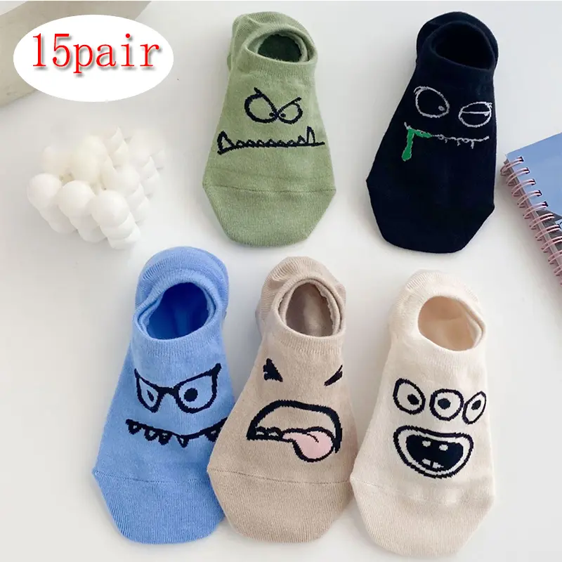 15 pairs 5 pairs of socks cartoon funny expressions boat socks Men women's spring and summer thin invisible cute socks ﻿