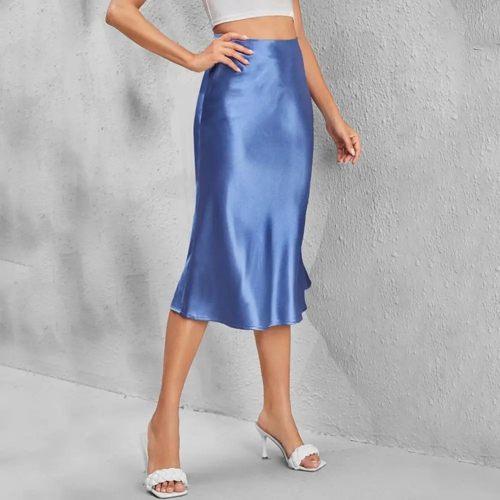 Women Satin Skirts Korean Style Champagne Office High Waist A-line Skort Fashion Elegant Pencil Skirt Silk Like