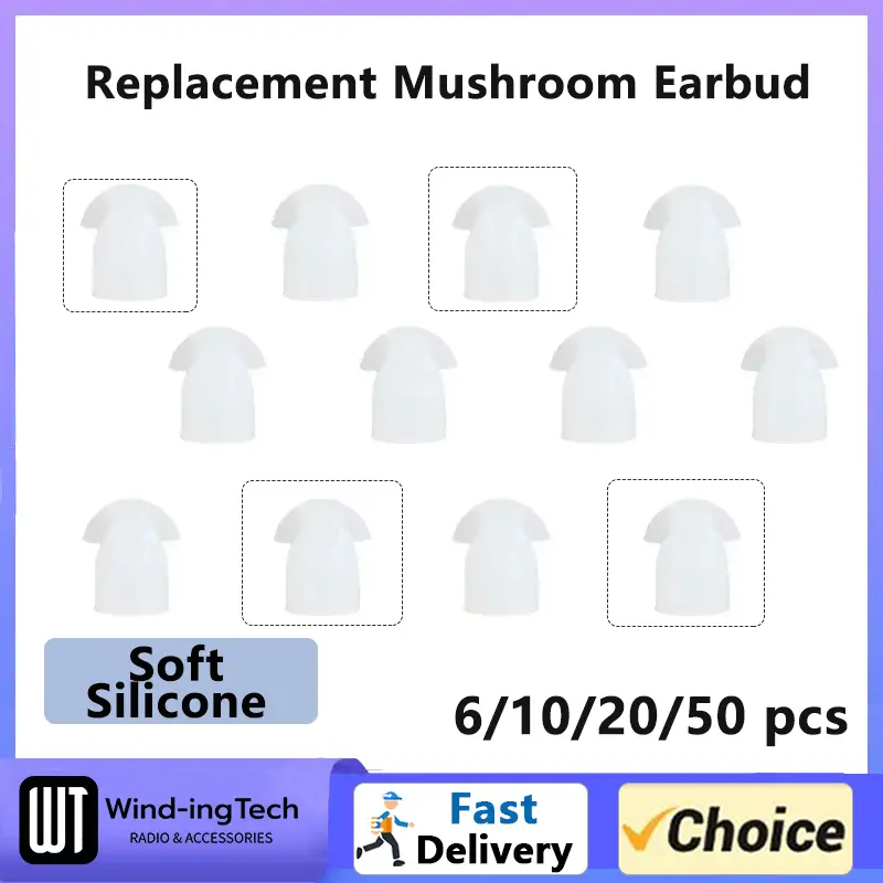 Walkie Talkie Silicone Mushroom Earplugs for Two-Way Radios - Replacement Earbuds with Clear Tube - Available in 6/10/20/50PCS