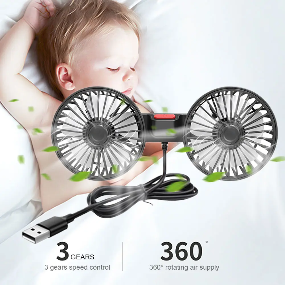 USB 5V Vehicle Mounted Fan Dual Head Auto Ventilation Fan 360 Degree Rotation Adjustable 3 Speeds for Dashboard RV Truck
