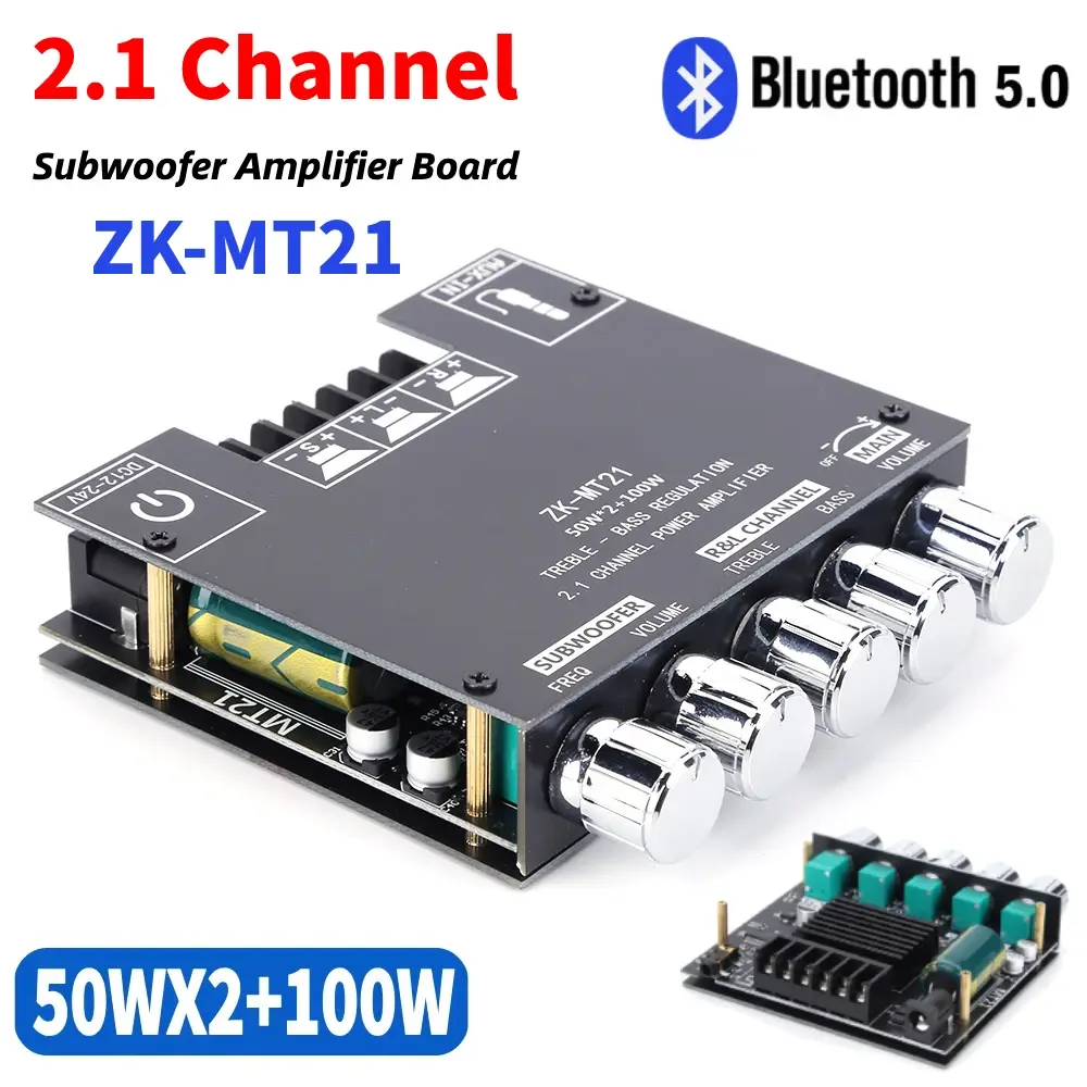 ZK-MT21 2.1 Channel Subwoofer Amplifier Board Bluetooth 5.0 50W X 2+100W Power Audio Stereo Amplifier Board Bass AMP AUX 12V 24V