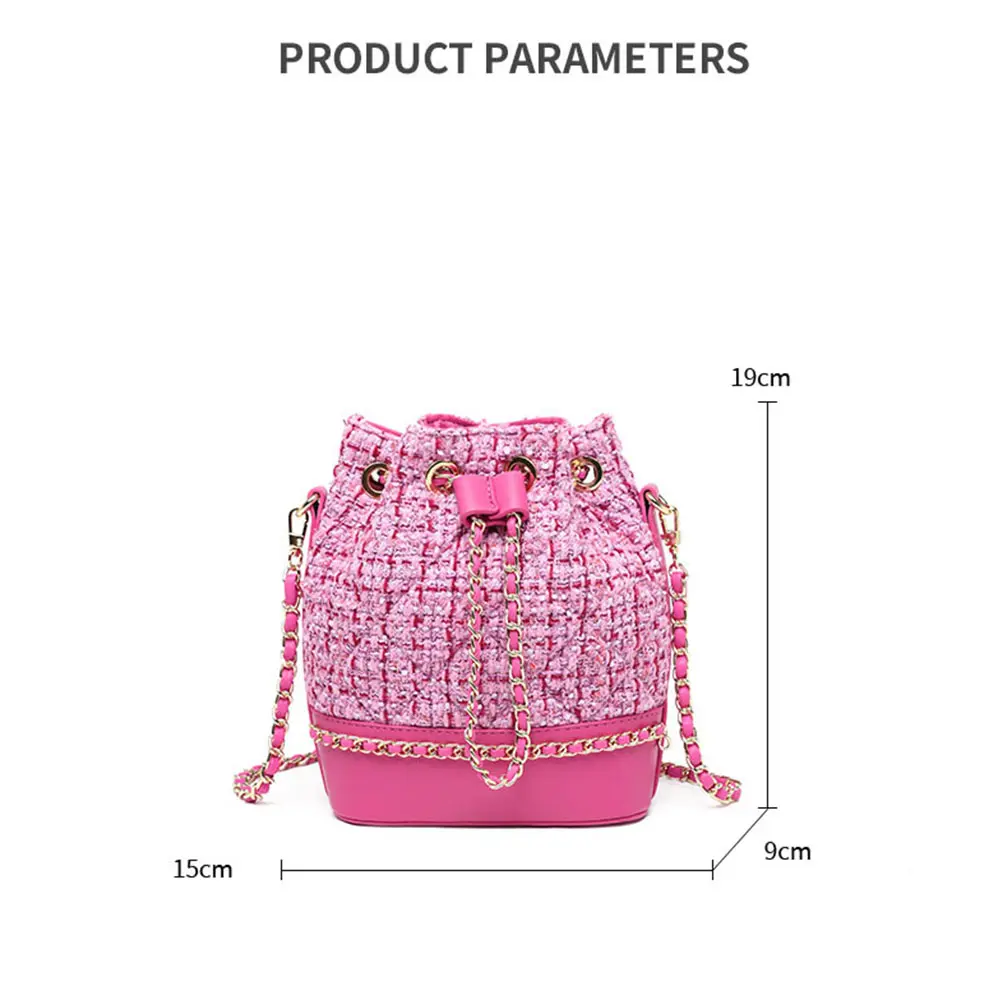 Fashionable Pink Tweed Bucket Bag for Women Contrast Plaid Cute Small Crpssbody Bags Female Daily Commute Messenger Chain Pack