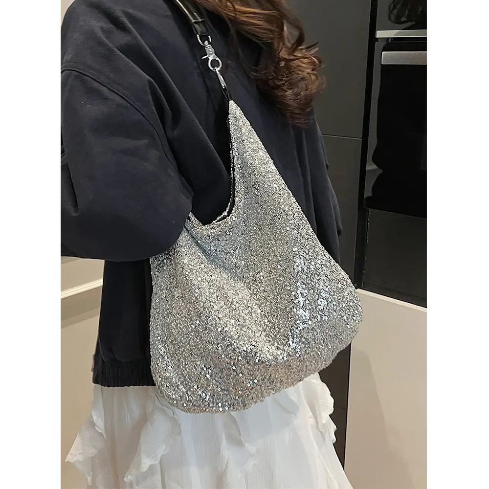 Glossy Sequins Tote Bag for Women Solid Soft Shiny Shoulder Bags Large Capacity Shopping Underarm Packs Lady All-match Handbag