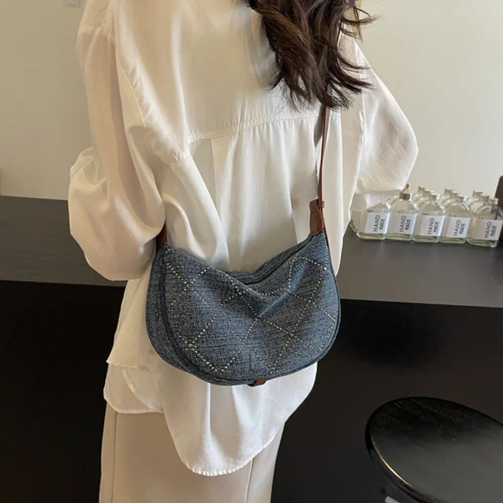 Vintage Women Commute Handbag Dots Print Plaid Handle Bags Large Capacity Female Daily Crossbody Packs Lady Underarm Bags