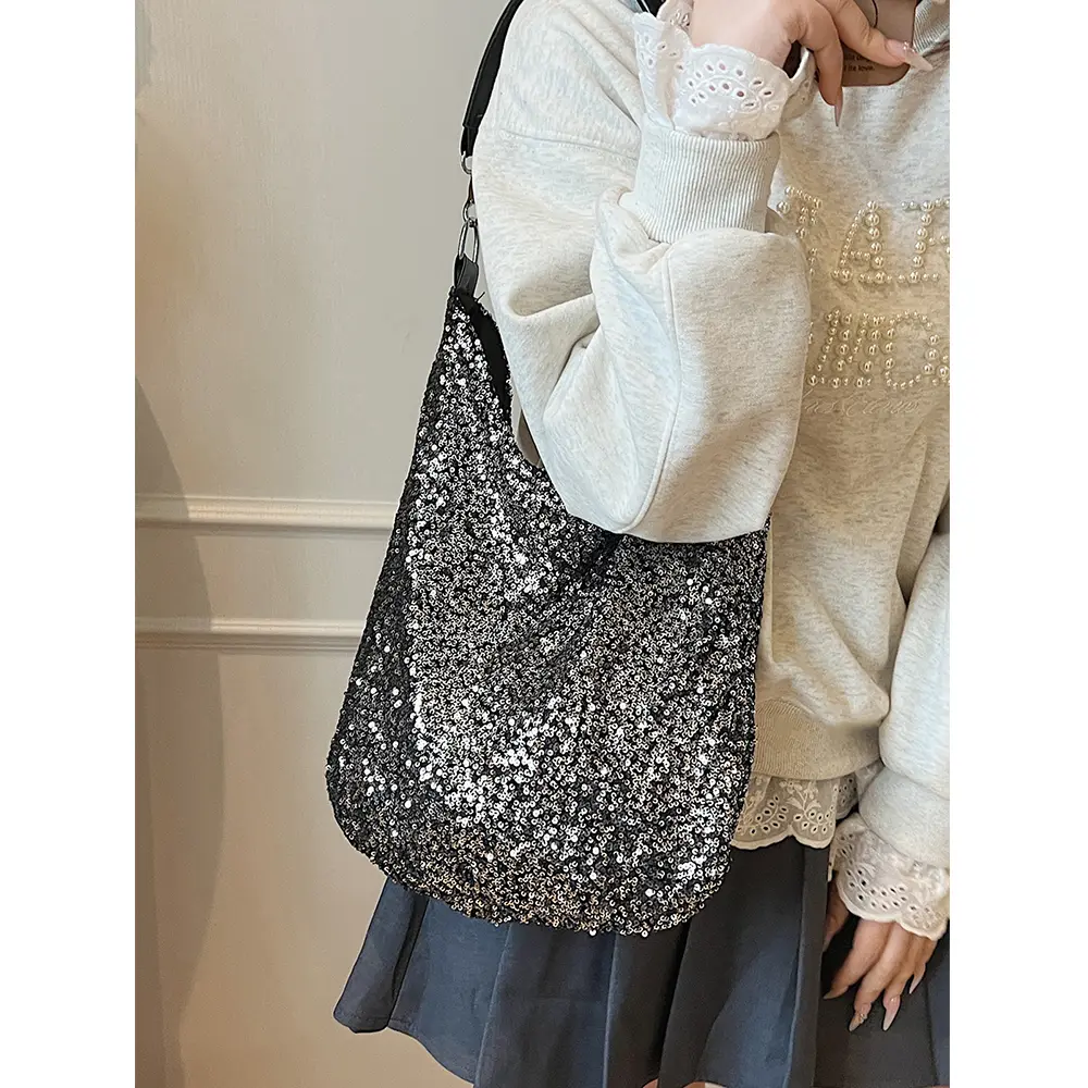 Glossy Sequins Tote Bag for Women Solid Soft Shiny Shoulder Bags Large Capacity Shopping Underarm Packs Lady All-match Handbag