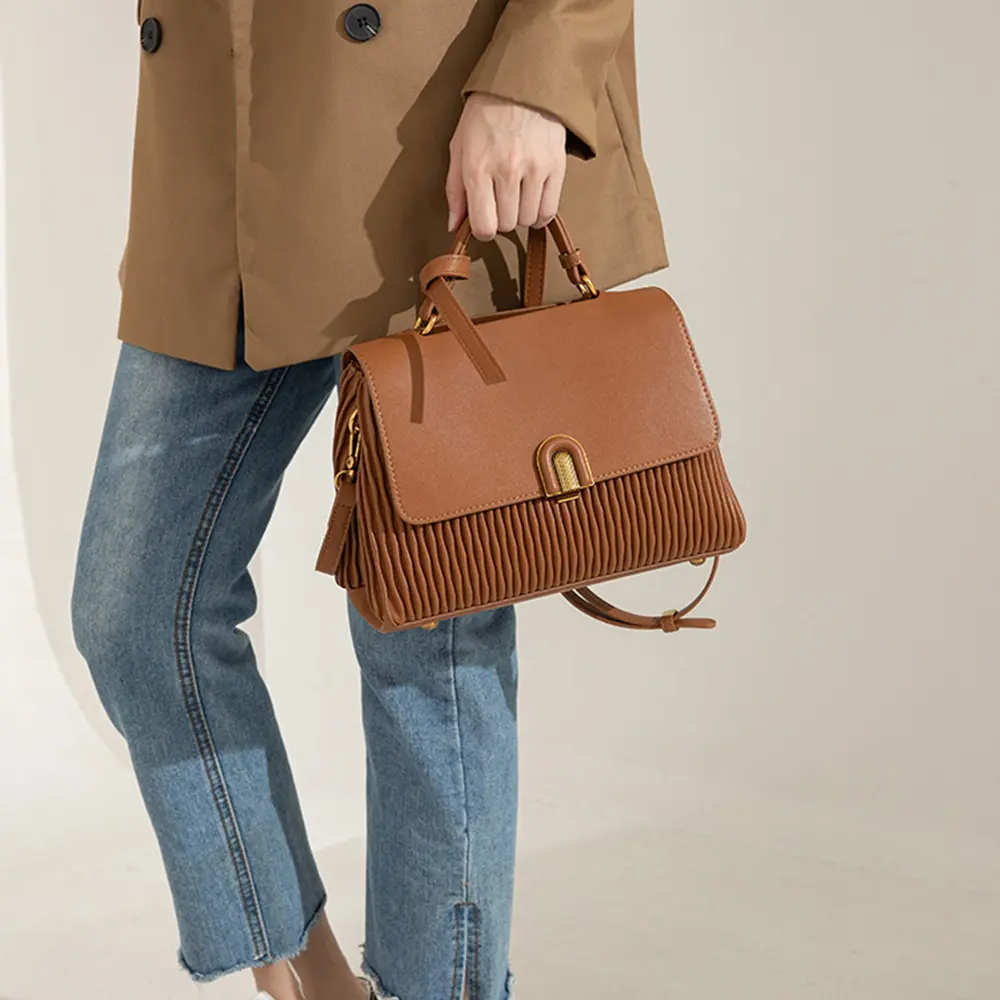 Textured Women Handbags Solid Pu Leather Commute Handle Packs Soft Large Capacity Casual Crossbody Packs Lady Shoulder Bags 2024