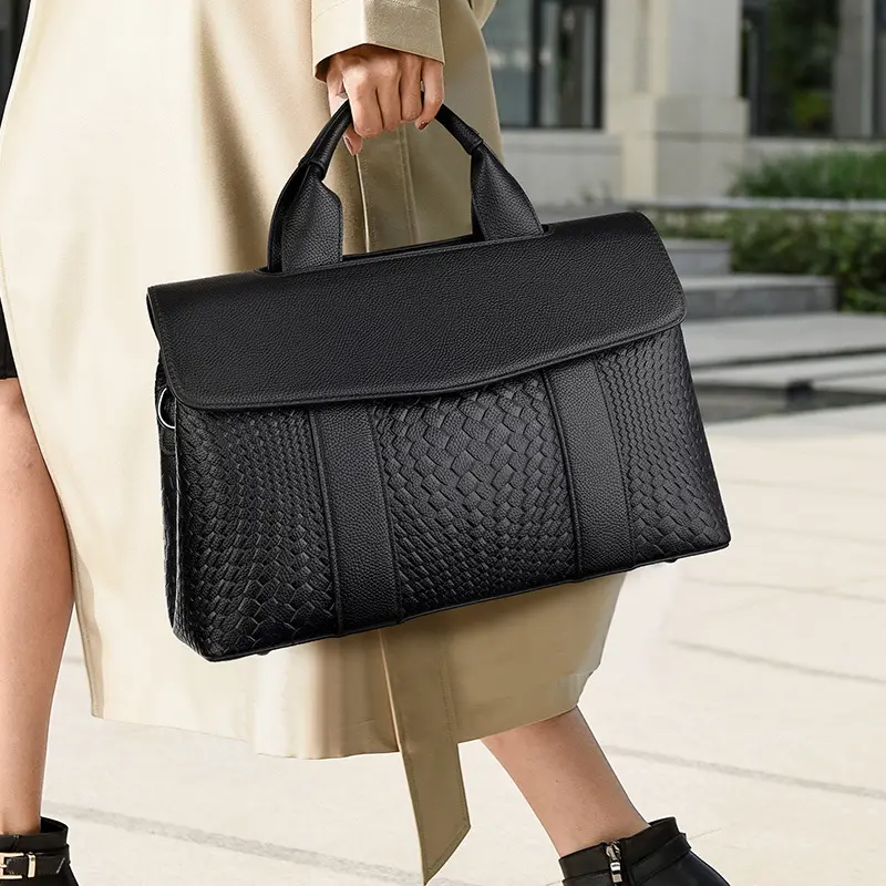 High-grade Women Handbag Solid Black Pu Leather Flap Woven Print Tote Bags Large Capacity Female Casual Crossbody Bags Lady Pack