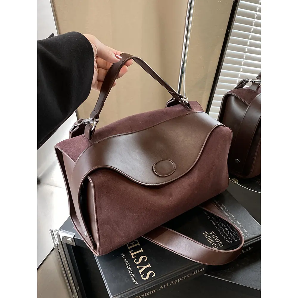 Retro Suede Pillow Bag for Women Solid Soft Frosted Leather Boston Pack Large Capacity Female Commuter Shoulder Bags 2025 New