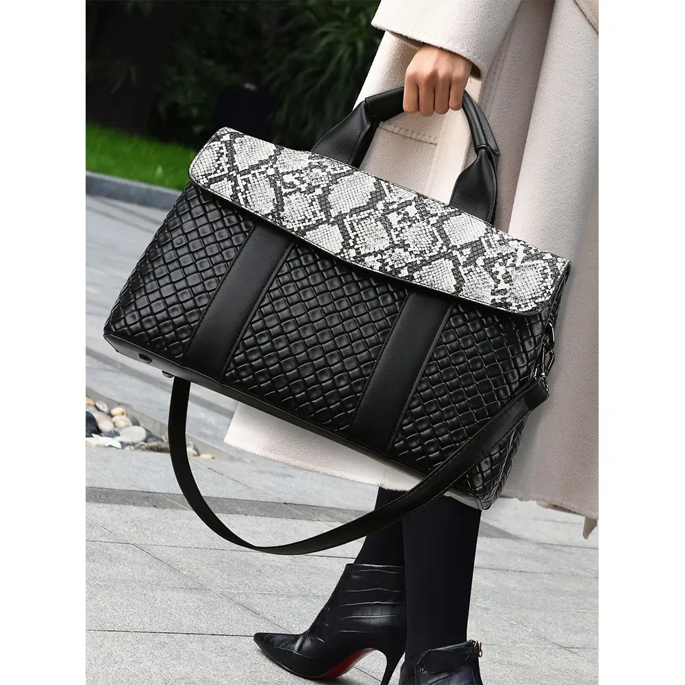 High-grade Women Handbag Solid Black Pu Leather Flap Woven Print Tote Bags Large Capacity Female Casual Crossbody Bags Lady Pack