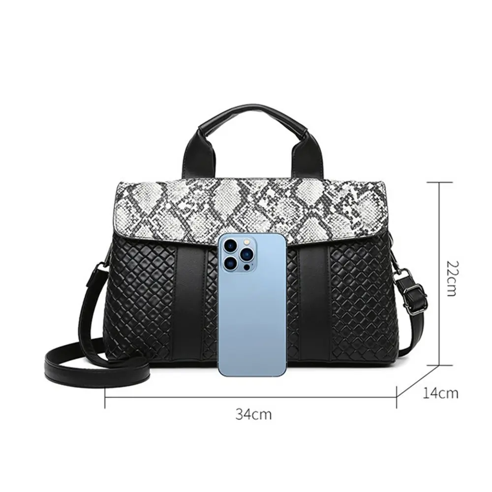 High-grade Women Handbag Solid Black Pu Leather Flap Woven Print Tote Bags Large Capacity Female Casual Crossbody Bags Lady Pack