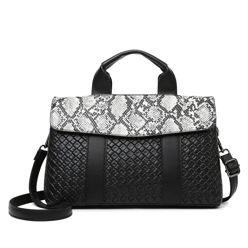 High-grade Women Handbag Solid Black Pu Leather Flap Woven Print Tote Bags Large Capacity Female Casual Crossbody Bags Lady Pack
