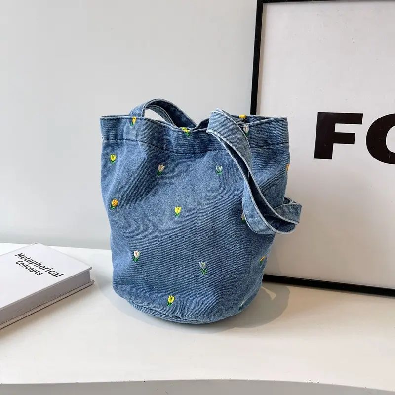 Women Cute Denim Handle Bag Embroidery Floral Print Tote Bags Large Capacity Female Commute Shoulder Pack Lady Canvas Bag