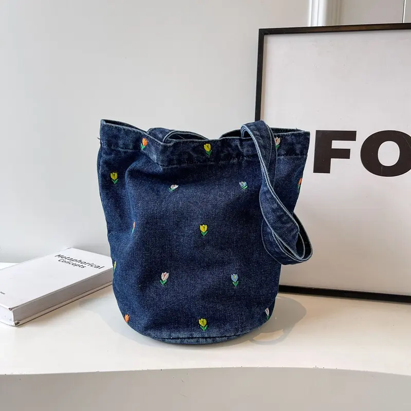 Women Cute Denim Handle Bag Embroidery Floral Print Tote Bags Large Capacity Female Commute Shoulder Pack Lady Canvas Bag
