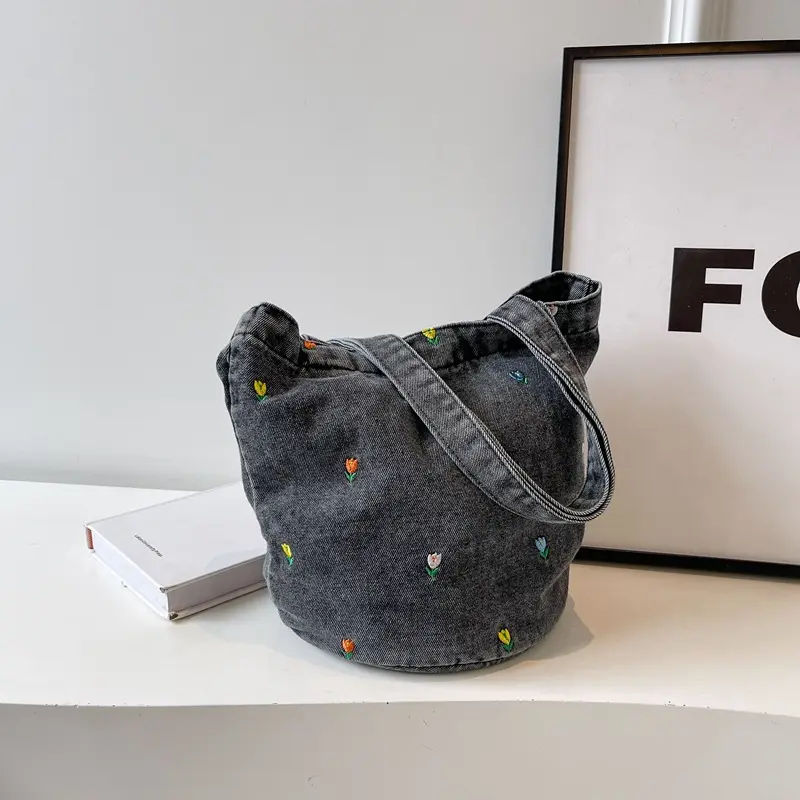 Women Cute Denim Handle Bag Embroidery Floral Print Tote Bags Large Capacity Female Commute Shoulder Pack Lady Canvas Bag